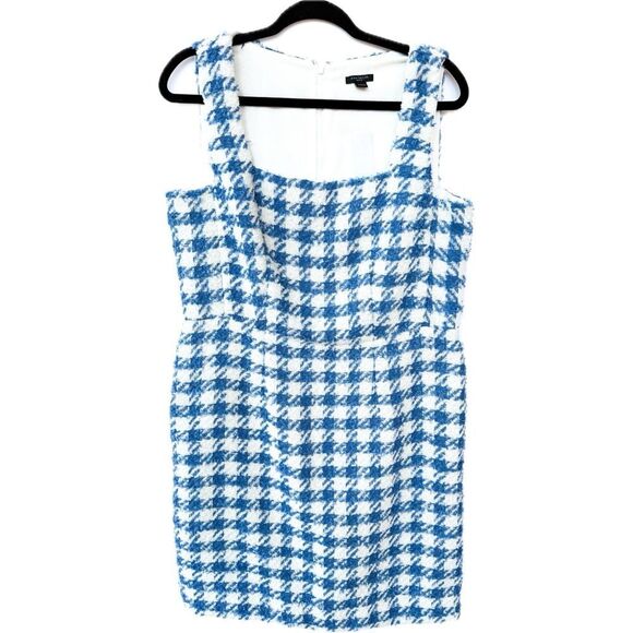 NWT Ann Taylor Blue White Textured Houndstooth Plaid Square Neck Dress Petite 12 - Picture 4 of 12